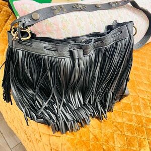 Black Leather Fringe Shoulder Bag